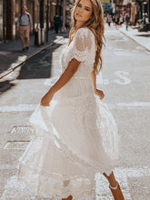 Hollow Out White Dress Sexy Women Lace Long Dress Cross Semi-Sheer Plunge V-Neck Short Sleeve Lace Maxi Dress